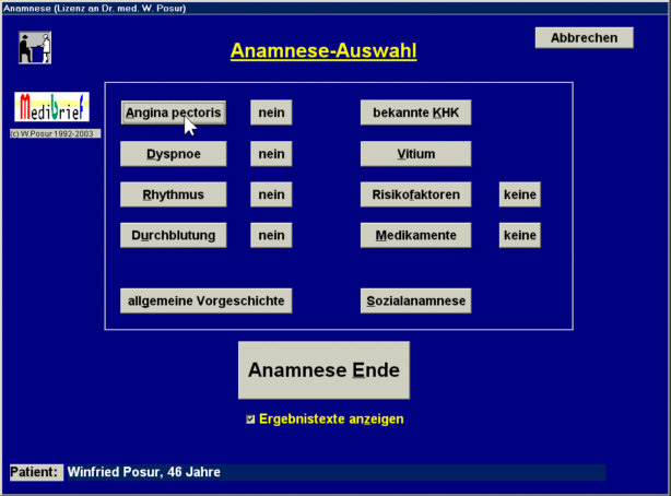 Anamnese-Auswahl (Hauptfenster)